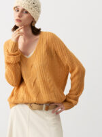 OVERSIZE 100% CASHMERE CABLE-KNIT SWEATER | VIBRANT ORANGE & CHARCOAL GREY & SOFT IVORY