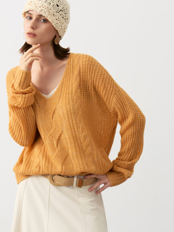 OVERSIZE 100% CASHMERE CABLE-KNIT SWEATER | VIBRANT ORANGE & CHARCOAL GREY & SOFT IVORY