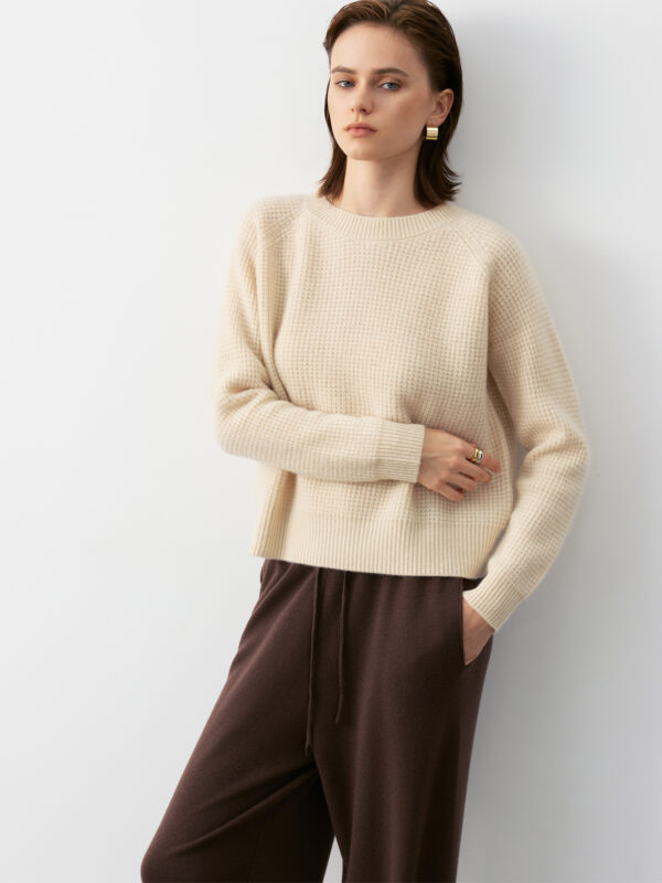 100% PURE CASHMERE CREW NECK SWEATER - BEIGE & CAMEL