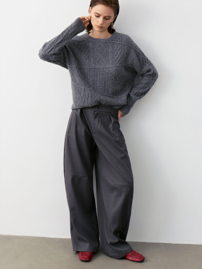 Luxury Rebel ABLE-KNIT 100% Cashmere Crew Neck Sweater Outfit | Grey Cable Knit with Dark Grey Wide-Leg Pants - Edgy Luxury