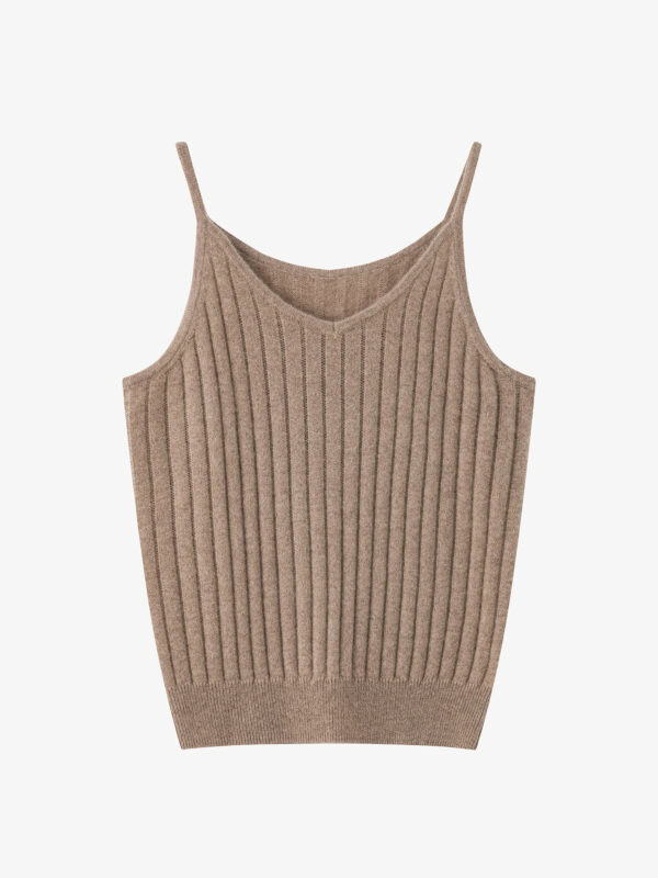 100% CASHMERE V-NECK RIBBED CAMISOLE | TAUPE BROWN & IVORY WHITE