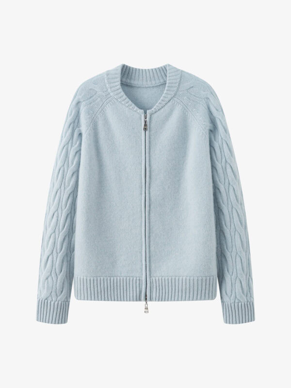 100% CASHMERE CABLE-KNIT ZIP-UP CARDIGAN | LIGHT BLUE