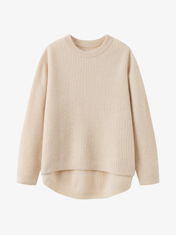 100% CASHMERE CREWNECK SWEATER | SOFT BEIGE, HIGH-LOW HEM