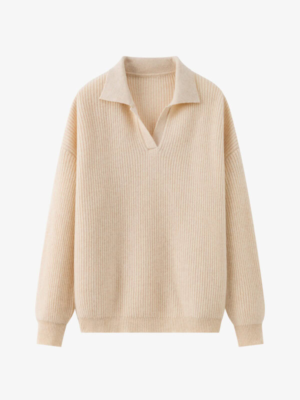 100% CASHMERE POLO NECK SWEATER | TAUPE BROWN & CREAM BEIGE, RIBBED KNIT