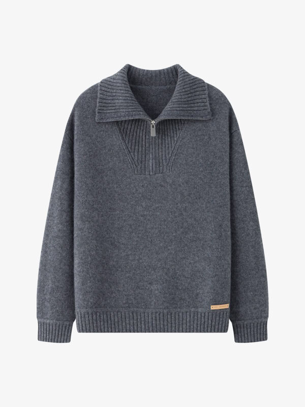 100% CASHMERE HALF-ZIP COLLARED SWEATER | TAUPE BROWN & CHARCOAL GREY