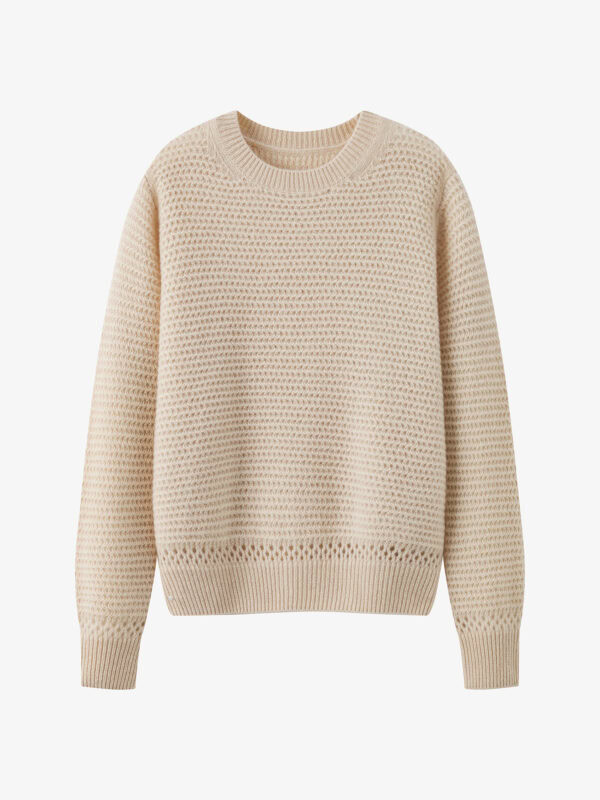 100% CASHMERE CREWNECK SWEATER WITH OPENWORK KNIT | SOFT BEIGE