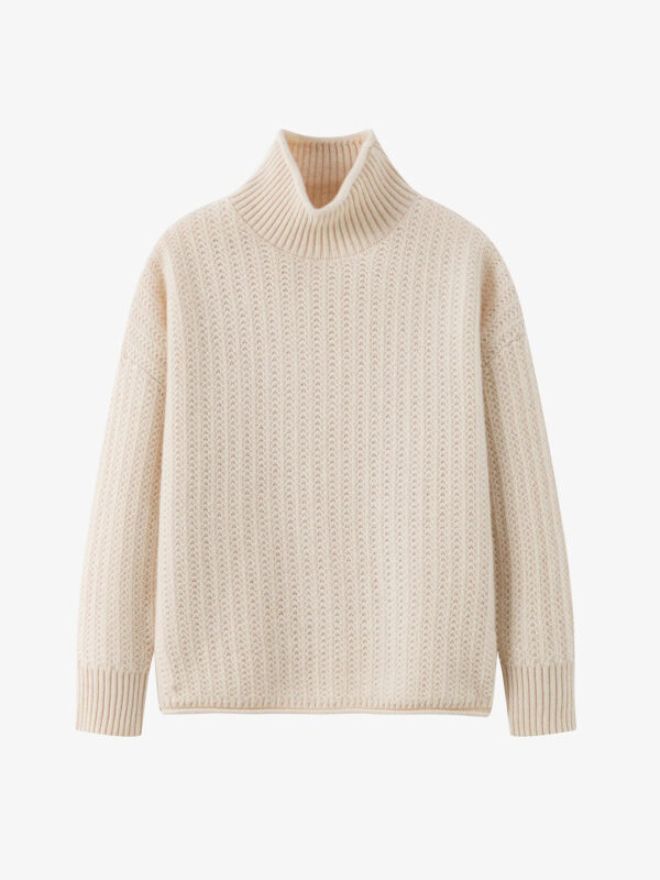 100% CASHMERE TURTLENECK SWEATER | CREAM WHITE & TAUPE BROWN, TEXTURED KNIT
