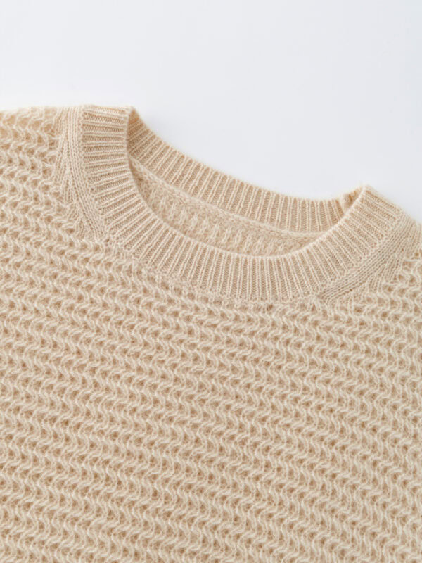 100% CASHMERE CREWNECK SWEATER WITH OPENWORK KNIT | SOFT BEIGE