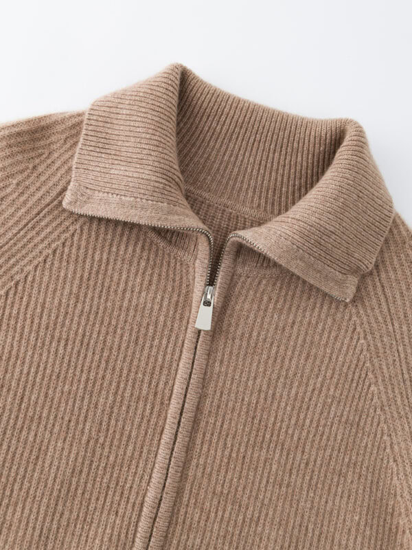 100% CASHMERE ZIP-UP CARDIGAN WITH SHAWL COLLAR | TAUPE BROWN & SOFT BEIGE