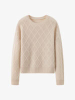 100% CASHMERE CREWNECK SWEATER WITH DIAMOND OPENWORK KNIT | LIGHT GREY & SOFT BEIGE