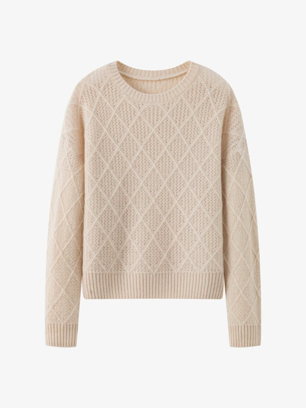 100% CASHMERE CREWNECK SWEATER WITH DIAMOND OPENWORK KNIT | LIGHT GREY & SOFT BEIGE