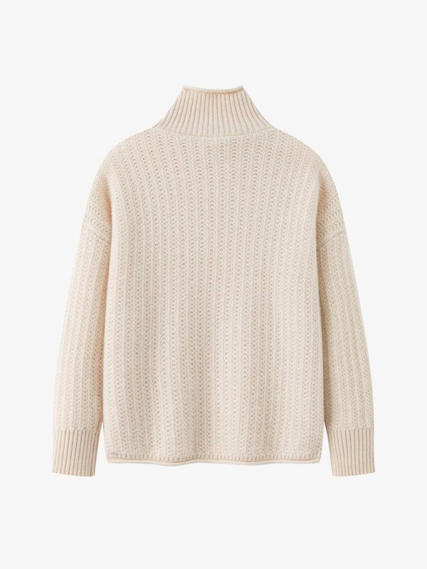100% CASHMERE TURTLENECK SWEATER | CREAM WHITE & TAUPE BROWN, TEXTURED KNIT