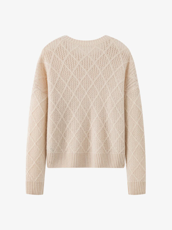 100% CASHMERE CREWNECK SWEATER WITH DIAMOND OPENWORK KNIT | LIGHT GREY & SOFT BEIGE