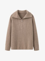 100% CASHMERE HALF-ZIP COLLARED SWEATER | LIGHT GREY & TAUPE BROWN