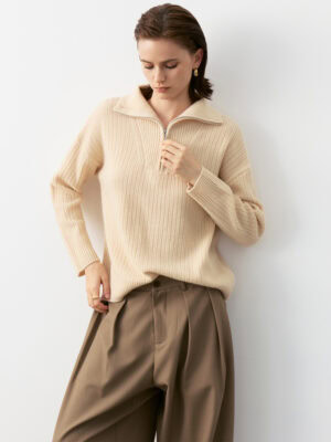 100% Cashmere Half-Zip Polo Sweater Luxury Oversize Knit Top for Women (Model Styling View)