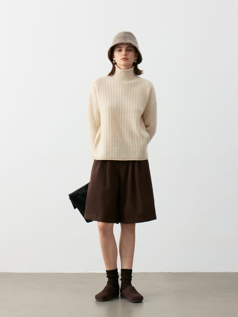 Luxury Rebel Cashmere Turtleneck Sweater Outfit | Cream White Textured Knit, Taupe Brown Shorts & Accessories - Edgy Luxury