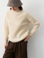 100% CASHMERE TURTLENECK SWEATER | CREAM WHITE & TAUPE BROWN, TEXTURED KNIT