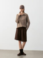 100% CASHMERE HALF-ZIP COLLARED SWEATER | LIGHT GREY & TAUPE BROWN