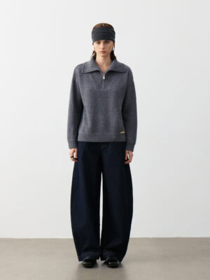 100% CASHMERE HALF-ZIP COLLARED SWEATER | TAUPE BROWN & CHARCOAL GREY
