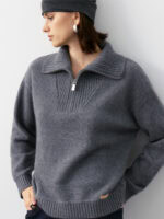 100% CASHMERE HALF-ZIP COLLARED SWEATER | TAUPE BROWN & CHARCOAL GREY