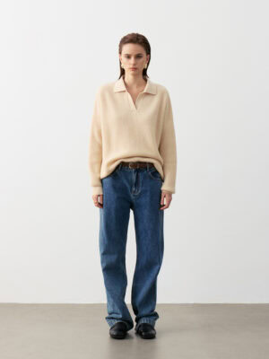 100% CASHMERE POLO NECK SWEATER | TAUPE BROWN & CREAM BEIGE, RIBBED KNIT