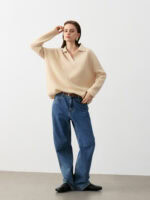 100% CASHMERE POLO NECK SWEATER | TAUPE BROWN & CREAM BEIGE, RIBBED KNIT
