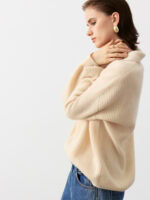 100% CASHMERE POLO NECK SWEATER | TAUPE BROWN & CREAM BEIGE, RIBBED KNIT