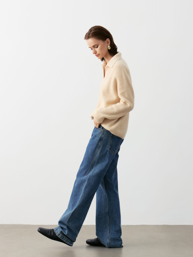 Luxury Rebel Cashmere Polo Neck Sweater Outfit | Light Beige Knit & Denim - Edgy Casual for US Women