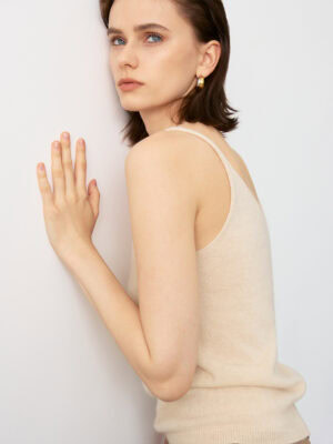 Model Wearing Soft Cream 100% Cashmere V-Neck Camisole, Side View