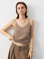 100% CASHMERE V-NECK RIBBED CAMISOLE | TAUPE BROWN & IVORY WHITE