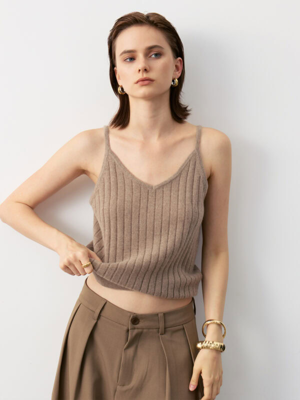 100% CASHMERE V-NECK RIBBED CAMISOLE | TAUPE BROWN & IVORY WHITE