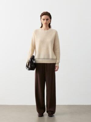 100% CASHMERE CREWNECK SWEATER WITH OPENWORK KNIT | SOFT BEIGE
