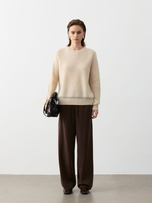 100% CASHMERE CREWNECK SWEATER WITH OPENWORK KNIT | SOFT BEIGE