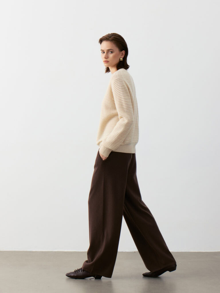 100% Cashmere Crewneck Sweater with Openwork Knit Soft Beige (Model Styling View)