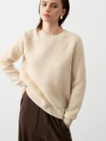 100% CASHMERE CREWNECK SWEATER WITH OPENWORK KNIT | SOFT BEIGE