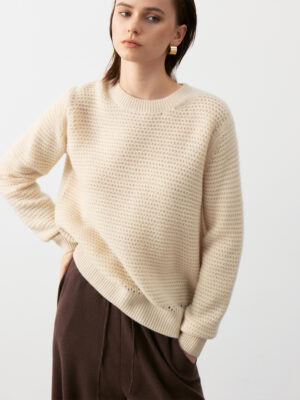 100% Cashmere Crewneck Sweater with Openwork Knit Soft Beige (Model Styling View)