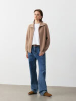 100% CASHMERE ZIP-UP CARDIGAN WITH SHAWL COLLAR | TAUPE BROWN & SOFT BEIGE