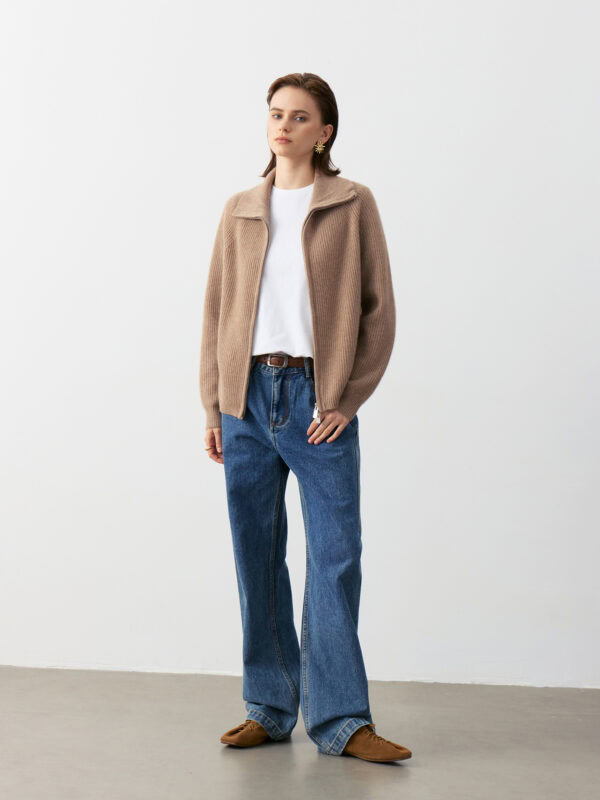 100% CASHMERE ZIP-UP CARDIGAN WITH SHAWL COLLAR | TAUPE BROWN & SOFT BEIGE