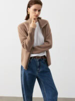 100% CASHMERE ZIP-UP CARDIGAN WITH SHAWL COLLAR | TAUPE BROWN & SOFT BEIGE