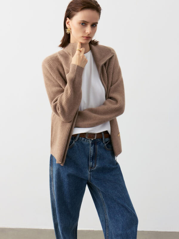 100% CASHMERE ZIP-UP CARDIGAN WITH SHAWL COLLAR | TAUPE BROWN & SOFT BEIGE