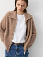 100% CASHMERE ZIP-UP CARDIGAN WITH SHAWL COLLAR | TAUPE BROWN & SOFT BEIGE