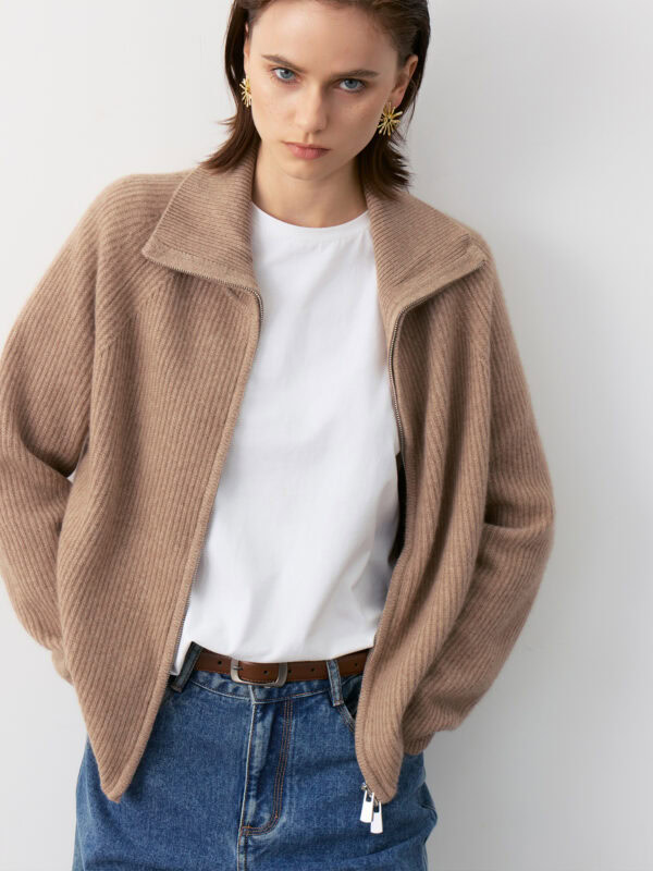 100% CASHMERE ZIP-UP CARDIGAN WITH SHAWL COLLAR | TAUPE BROWN & SOFT BEIGE