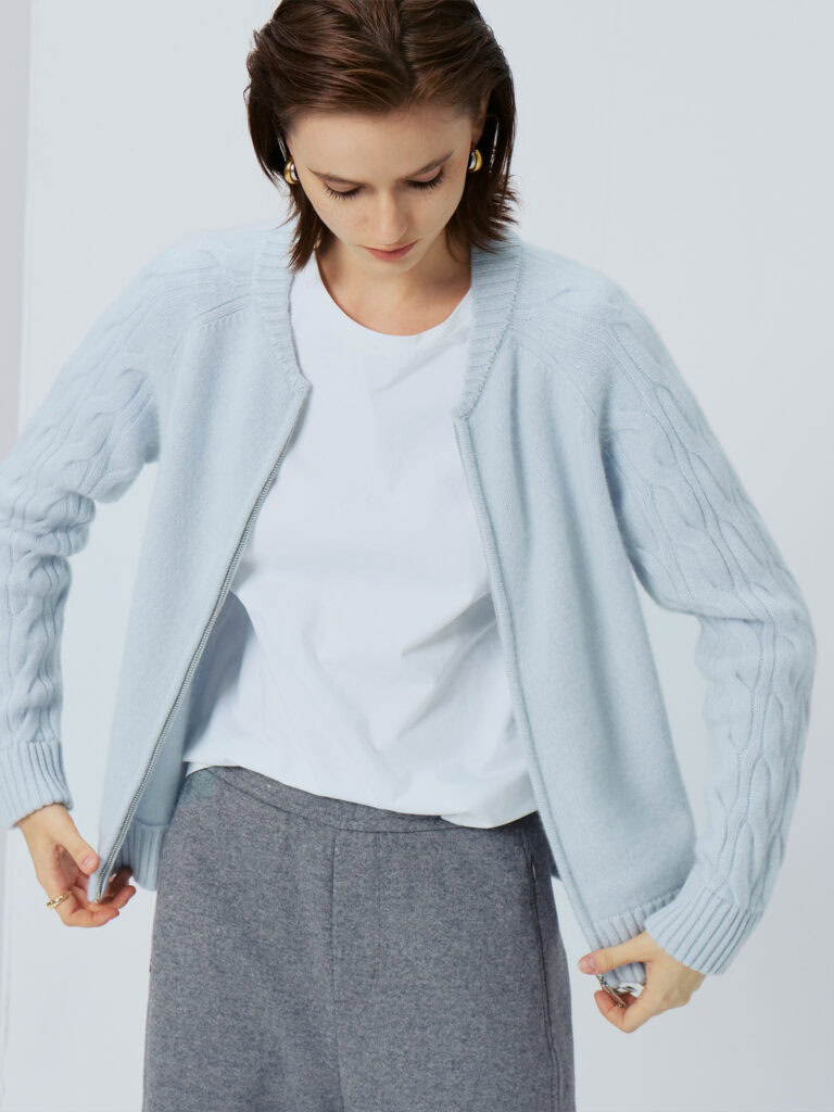 100% Cashmere Cable-Knit Zip-Up Cardigan Light Blue for Women (Model View)