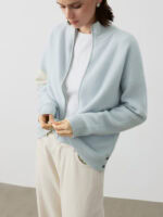 100% CASHMERE SPORTY ZIP-UP CARDIGAN | LIGHT BLUE WITH CREAM STRIPES