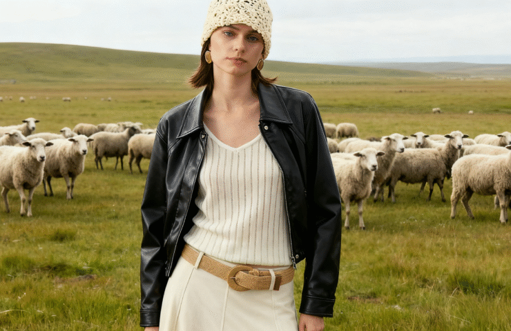 100% Cashmere V-Neck Ribbed Camisole Model in Pasture with Sheep - Old Money Chic